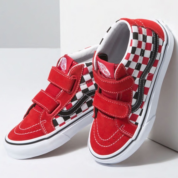 VANS Red, Black, White Checkerboard Velcro Sneakers - Picture 2 of 5